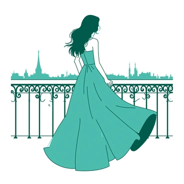 A woman wearing a flowing teal dress stands gracefully on a white Parisian balcony. The dress billows gently in the breeze, highlighting its elegant design. Her hair cascades down her back as she gazes thoughtfully over the city's rooftops. In the background, the silhouette of iconic Parisian buildings can be seen against a clear sky. The balcony is adorned with intricate wrought iron railings, adding to the charm of the scene.