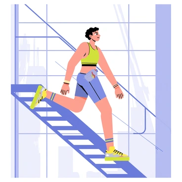 A fitness enthusiast wearing a colorful athletic outfit is climbing a set of metal stairs inside a high-rise building. The stairs have a modern design, with glass railings on each side. The individual has a determined expression, with sweat glistening on their forehead. Sunlight streams through large windows, illuminating the staircase area. A water bottle is clipped to the person's waistband, and a pair of running shoes with bright accents can be seen on their feet.