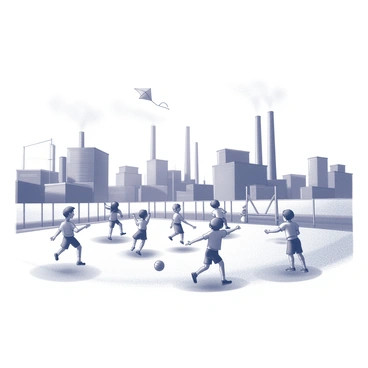 A group of children are engaged in various activities in a schoolyard. Some children are playing with a ball, while others are flying kites or jumping rope. The schoolyard is equipped with swings and a slide, surrounded by a low fence. In the background, several factories are visible, their tall smokestacks releasing plumes of smoke into the air. The scene captures the contrast between the lively play of the children and the industrial landscape beyond the schoolyard.