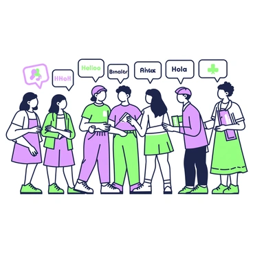 A group of students is gathered at a cultural event, engaging in lively conversation. They are standing in a circle, each student greeting one another with smiles. Some are holding flags representing their countries, while others have brochures in their hands. The students come from diverse backgrounds, displaying a variety of hairstyles and clothing styles. Speech bubbles emerge above their heads, showcasing phrases in different languages such as "Hello," "Bonjour," and "Hola." In the background, colorful banners represent various cultures, enhancing the atmosphere of the event.