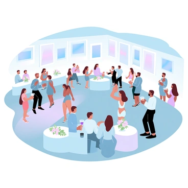 A spacious gallery in Huddersfield is filled with people mingling during an evening social event. Elegant decorations are placed around the room, including soft pastel-colored tablecloths and floral centerpieces. Guests are dressed in formal attire, holding drinks and engaging in conversations. The walls of the gallery are adorned with various artworks, showcasing a range of colors and styles. Ambient lighting creates a warm and inviting atmosphere, highlighting the details of the event. In one corner, a small band is playing soft music, adding to the event's lively yet relaxed vibe.