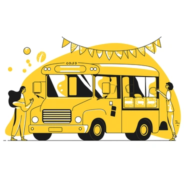 A bus with a prominent shape is parked, adorned with yellow festival banners and bright lights. The banners display various designs that signify celebration. The bus has large windows and a noticeable front grille. Surrounding the bus, there are vibrant decorations hanging overhead. A few people stand nearby, excitedly preparing to board the bus for the upcoming event. The scene conveys a sense of anticipation and festivity.