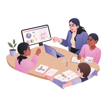 A financial advisor is seated at a wooden table, assisting a family with budget planning. The advisor is a middle-aged woman with dark hair, wearing a professional outfit. She is pointing toward a colorful pie chart displayed on a laptop screen, which is open in front of her. The family consists of two adults and a child; the man has light skin and is wearing a blue shirt, while the woman has medium skin and is wearing a pink sweater. The child, a boy with short brown hair, is excitedly looking at the screen, holding a pencil and notepad. There are several colorful charts scattered on the table, showing various budget categories in vibrant colors. A small plant sits on the table, adding a touch of greenery to the scene.