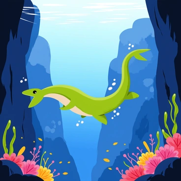 A mosasaurus with a streamlined body gliding gracefully through a deep underwater canyon. The canyon walls are rocky and steep, covered with vibrant coral and patches of seaweed. Bubbles trail behind the mosasaurus as it swims, and schools of small fish scatter in its wake. Sunlight filters down from the surface, creating a dappled light effect in the water. The surrounding deep blue water adds depth and mystery to the underwater scene.