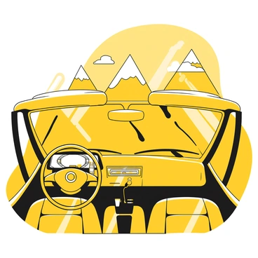 A car interior with a scenic view of mountains out the front window