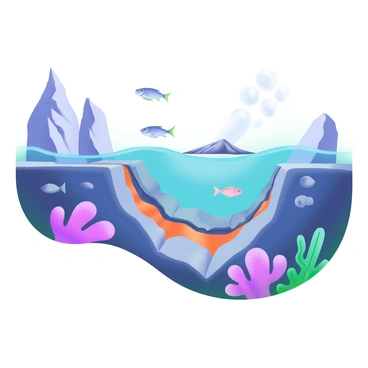A modern pastel illustration depicting an underwater scene at a divergent boundary. In the center, a rift between two tectonic plates is visible, with molten lava emerging and solidifying into new seafloor. To the left, jagged rock formations rise from the ocean floor, showcasing the unique textures of freshly formed volcanic rock. Schooling fish swim in the vibrant blue water, surrounded by coral formations in soft pastel colors. Above, bubbles rise towards the surface, adding a dynamic element to the tranquil underwater environment.