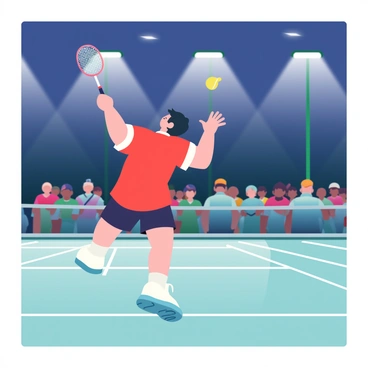 A nighttime badminton match under floodlights, capturing a player mid-smash