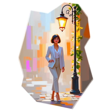 A woman with a chic bob hairstyle, styled elegantly and neatly, stands confidently under a vintage streetlamp that emits a warm glow. She is wearing a fashionable, fitted blazer and tailored pants, complementing her modern look. The streetlamp features intricate metalwork and a softly glowing light, casting a gentle illumination on her face. The setting includes cobblestones beneath her feet and hints of ivy climbing the lamp post, enhancing the urban atmosphere. Her posture is poised, with one hand resting on her hip and a slight smile on her lips, exuding self-assurance.