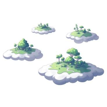 Small, lush islands floating on patches of white clouds