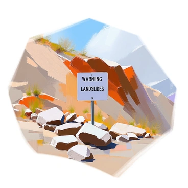 A hillside with a prominent "WARNING: LANDSLIDES" sign positioned at the forefront. The sign is partially obscured by a few scattered loose rocks of various sizes, some small and others larger, interspersed among patches of dry grass. The hillside is steep, showcasing a mixture of rocky outcrops and sparse vegetation, with a clear view of the terrain leading downwards. The overall scene conveys a sense of caution and the natural ruggedness of the landscape.