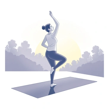 A person positioned on a yoga mat on the ground. They are engaged in hip circle exercises, moving in a fluid motion. The environment is outdoors, with the sun just rising on the horizon, illuminating the scene with soft light. The individual is dressed in comfortable athletic wear. The background features silhouettes of trees and a clear sky. The person's posture reflects concentration and balance as they perform the exercises.
