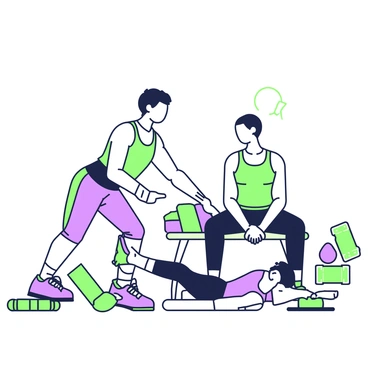 A personal trainer is demonstrating proper hip thrust form to a client in a gym setting. The trainer has a focused expression and is positioned next to a bench, with their back against it. The trainer is wearing fitness attire, including a tank top and workout leggings. The client is on the ground, with their shoulders resting on the bench and feet flat on the floor, mimicking the trainer's posture. Surrounding them, there are various gym equipment scattered around, including weights and resistance bands. The atmosphere is energetic, highlighting the collaborative effort of the trainer guiding the client toward the correct form.