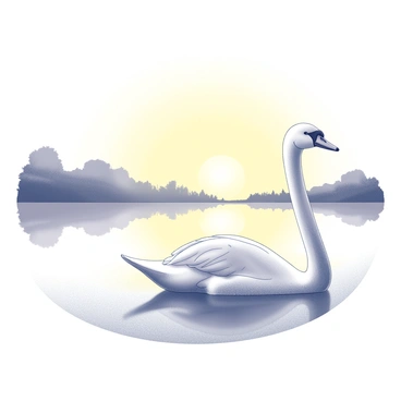 A swan with an elegant neck and pristine feathers gliding smoothly across a lake that reflects its image like a mirror. The surface of the water is undisturbed, showcasing the swan's graceful movement. In the background, a sunset casts a warm glow, illuminating the scene with various shades of yellow. The landscape surrounding the lake is minimal, focusing the viewer's attention on the swan and the tranquil water.