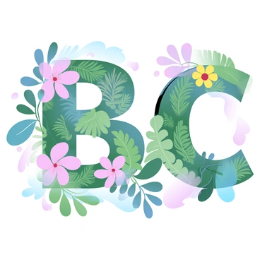 A large letter design is created using various exotic plants and flowers. The letter shapes are filled with vibrant greens, pinks, purples, and yellows, showcasing a variety of tropical leaves, intricate petals, and lush foliage. The plants and flowers intertwine and overlap, creating a dynamic and lively appearance. Bright colors radiate from the composition, emphasizing the richness of the natural elements within the letter forms.