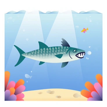 A barracuda with a sleek, elongated body and sharp teeth is swimming gracefully in crystal-clear waters. Its scales are reflecting beams of sunlight, creating a shimmering effect as it glides through the water. The surroundings are filled with vibrant coral formations, showcasing various shades of orange, pink, and purple. Small fish are darting in and out of the coral, adding movement to the tranquil underwater scene. The sunlight filters through the surface, casting gentle patterns on the sandy ocean floor below.