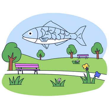 A sculpture of a minnow with a sleek, elongated body and intricate scales is displayed prominently in a city park. The minnow is positioned as if swimming through the air, with its fins elegantly curved and trailing behind it. Surrounding the sculpture are lush green grass and a few colorful flowers. In the background, there are simple park benches and a pathway lined with small trees. The sky above is clear and blue.