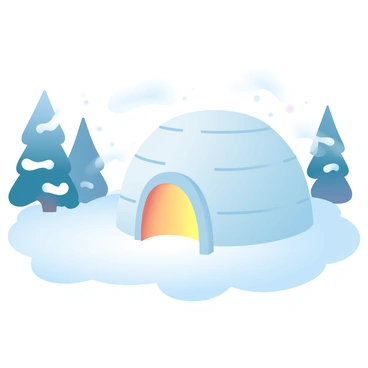 A cozy igloo made of snow is standing in the center of a snowy landscape. The igloo is illuminated from within, casting a warm glow through the curved ice walls. Surrounding the igloo is a winter wonderland filled with softly falling snowflakes and a blanket of fresh white snow covering the ground. Tall evergreen trees adorned with snow line the horizon, adding to the serene atmosphere of the scene. A gentle slope of untouched snow leads up to the entrance of the igloo.