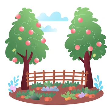 Tall fruit trees are standing at the edge of a potager garden, their branches laden with ripe fruits. The trees exhibit a lush green foliage with sunlight filtering through the leaves. Below, the vibrant colors of various vegetables and herbs are visible in neatly arranged rows. The ground is covered in rich soil, and a wooden fence surrounds the garden, enhancing its rustic charm. In the background, the sky displays gradient pastel colors, creating a soft, inviting atmosphere.