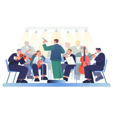 A large orchestra is gathered on stage, with musicians preparing to play their instruments just seconds before a symphony begins. The conductor stands confidently at the front, raising a baton in anticipation. Various instruments are being tuned; a violinist adjusts the strings of her instrument, while a cellist checks the pitch of his cello. A flutist is blowing softly into her flute, and a brass player is polishing his trumpet. The musicians are dressed in formal black attire, creating a unified appearance, while the stage is softly illuminated by overhead lights, highlighting the concentration on their faces. The atmosphere is filled with the gentle sounds of tuning as each musician prepares for the performance.
