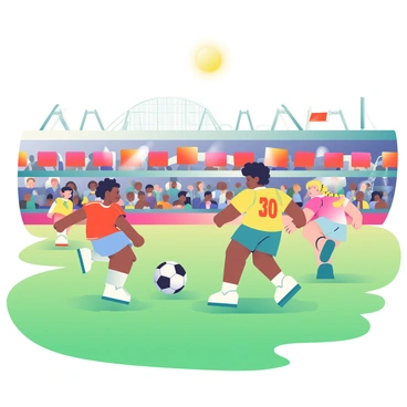 A youth soccer match is taking place on the lush green grounds of Old Trafford. Several young players, wearing brightly colored jerseys, are energetically running across the field. A boy with curly black hair is dribbling the soccer ball towards the goal, while a girl with braided blonde hair is defending against him. In the background, the iconic Old Trafford stadium looms large, with its red and white banners flying. Spectators can be seen sitting in the stands, cheering on the players with excitement. The sun is shining brightly in the sky, casting soft shadows on the grass.