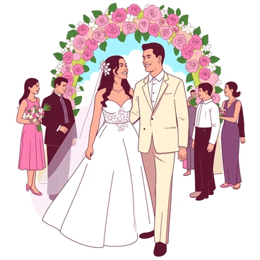 A white Filipiniana gown with intricate lace details and floral embroidery is worn by the bride, who is standing gracefully under an arch adorned with vibrant flowers. The bride has her hair styled with delicate white blossoms, complementing her elegant look. Beside her, a groom in a traditional barong Tagalog, made of sheer cream fabric, is smiling warmly. The background features guests dressed in formal attire, some holding colorful bouquets. Soft sunlight illuminates the scene, adding a romantic glow to the moment. The atmosphere is filled with joy and celebration.