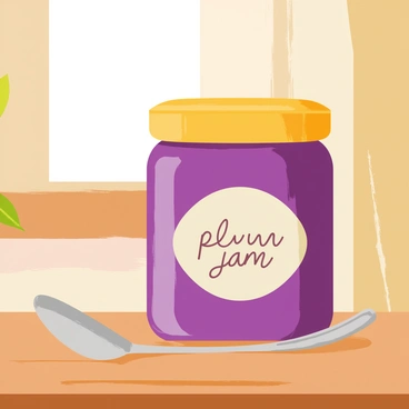 A jar of "bright purple plum jam" sits prominently on a "rustic wooden table." The jar features a gold lid and a label with "plum jam" written in elegant lettering. Beside the jar, there is a shiny silver spoon resting on the table. In the background, there are hints of natural wood grain and soft sunlight filtering through, enhancing the warm atmosphere of the scene.