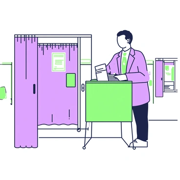 A political figure is standing in a voting booth, visibly engaging in an activity. The figure is wearing a tailored suit and appears focused on a stack of ballots that they are holding in their hands. The booth is enclosed with curtains, and the walls are adorned with official voting signage. The figure carefully places a ballot into the ballot box, ensuring it is positioned discreetly. The scene conveys a sense of tension as the background shows an empty polling station with rows of voting booths lined up.