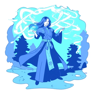 A blue mage champion stands confidently, with one arm extended forward, casting a bright, swirling arcane spell. The spell is composed of intricate, glowing runes that spiral around in a dynamic motion, illuminating the area with a radiant light. The mage is wearing ornate robes adorned with mystical symbols, and their long hair flows dramatically behind them as if caught in an unseen wind. The ground beneath them is covered in shimmering particles that reflect the vibrant energy of the spell. In the background, silhouettes of ancient trees can be seen, enhancing the magical atmosphere.