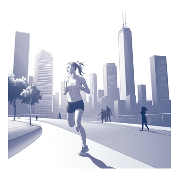 A woman is jogging along a wide sidewalk in a bustling modern cityscape. She is wearing athletic clothing, including a fitted tank top and running shorts. The city is filled with sleek, tall buildings that are sharply outlined against the early dawn sky. The light of dawn creates soft shadows and highlights the contours of the structures, while reflecting in the windows of the buildings. The woman appears focused and determined as she runs, with her hair slightly tousled by the breeze. In the background, a few people are seen starting their day, and a couple of trees line the sidewalk, adding a touch of greenery to the urban environment.
