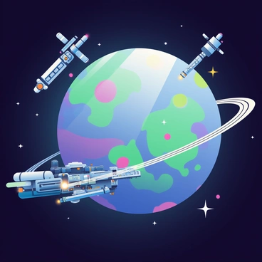 A futuristic space station with sleek, metallic structures is orbiting a large, colorful planet. The planet's surface displays vibrant colors, with swirling patterns of blue, purple, and green, resembling a cosmic masterpiece. Bright, glowing lights are scattered across the planet’s surface, casting reflections into space. The space station features various docking bays and antennas, with illuminated elements highlighting its advanced technology. In the background, stars twinkle against the deep black void of space, adding to the scene's cosmic ambiance.