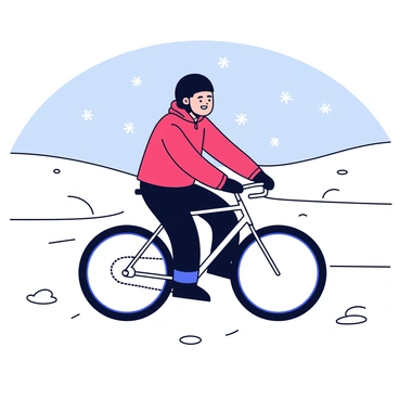 A cyclist wearing a bright red jacket and a black helmet is riding a sleek sports bike. The bike features thin tires and streamlined design, perfect for speed. The snowy winter landscape includes snow-covered hills in the background and scattered snowflakes gently falling from the gray sky. The ground is blanketed in a thick layer of white snow, making footprints visible as the cyclist navigates the terrain.