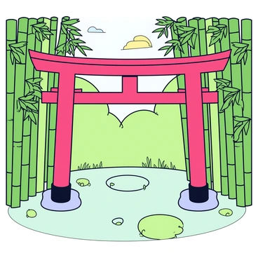 A traditional torii gate with a bright red color stands tall among lush green bamboo stalks. The gate features two horizontal beams supported by two vertical pillars. Surrounding the gate, the bamboo forest is dense, with slender bamboo shoots reaching tall towards the sky. The ground is covered with soft green moss, adding to the serene atmosphere. Sunlight filters through the bamboo leaves, creating dappled light patterns on the ground near the gate.