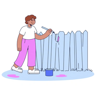 A person standing beside a wooden fence, holding a paintbrush in one hand. The individual has short brown hair and is wearing a white t-shirt. They are moving the paintbrush mechanically back and forth along the fence. The fence is made of vertical wooden planks that have a fresh coat of light blue paint. A paint can is placed on the ground nearby, and there are paint splatters on the grass beneath the fence.