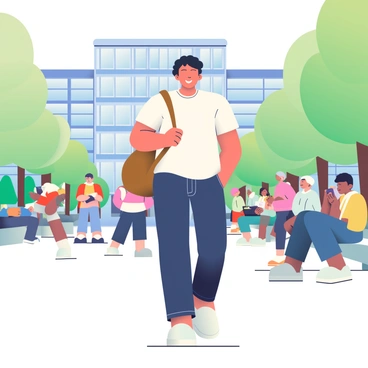 Ayanokoji, a young man with short black hair, is walking through a bustling college campus. He is wearing a casual white shirt and dark jeans, carrying a brown backpack slung over one shoulder. Surrounding him are various students of different ethnicities, some chatting in groups while others are focused on their phones. A large, modern building with glass windows looms in the background. Trees with green leaves line the pathways, and a few students are sitting on benches, studying or enjoying their meals. The atmosphere is lively, filled with the energy of student life.