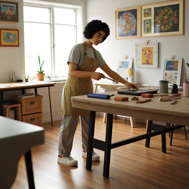 An artist with medium skin tone and short, curly hair is focused on the printmaking process. She wears a protective apron over a casual outfit, consisting of a fitted shirt and comfortable pants. The artist is standing at a wooden work table covered with various printmaking tools, including rollers, ink trays, and carving tools. Around her are beautifully crafted prints displayed on the walls and laid out on the table. The atmosphere is filled with vibrant colors from the prints, and natural light streams in from a nearby window, illuminating her workspace.