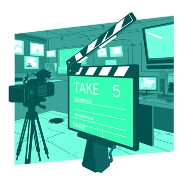 A teal digital clapboard with bright LED lights is prominently displayed in a high-tech studio. The screen of the clapboard shows the "Take 5" in bold white letters, with additional information such as the scene number and production name below. The studio is filled with various camera equipment and screens with flickering images, creating a bustling atmosphere. Soft white lighting highlights the details of the clapboard and equipment, emphasizing the advanced technology used in film production.