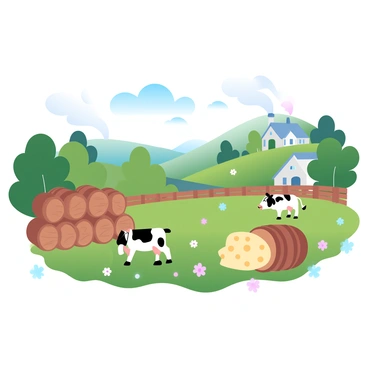 A picturesque cheese farm is set against a backdrop of rolling green hills. Several cows are grazing peacefully in a lush pasture, with patches of colorful wildflowers scattered throughout the grass. Nearby, there are wooden barrels stacked neatly in a shaded area, each barrel displaying various types of cheese aging inside. The farm is surrounded by a rustic wooden fence and has a quaint farmhouse visible in the distance, with smoke gently rising from its chimney. The sky is clear with soft pastel colors blending together, creating a warm and inviting atmosphere.