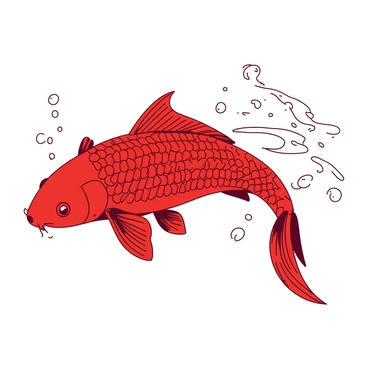 A duotone illustration features a "koi carp" with intricate details highlighting its "vibrant scales" in contrasting colors. The koi is positioned gracefully, with "flowing fins" that appear to ripple and cascade around the body. The scales shimmer with "textured patterns," creating visual depth. The koi's eyes are expressive and focused, while bubbles rise gently around it, adding to the movement of the water. The overall design emphasizes the beauty and elegance of the koi carp, showcasing its significance in aquatic symbolism.