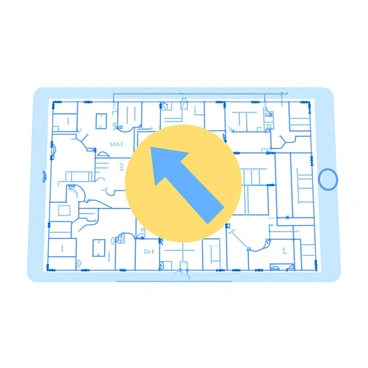 An architectural blueprint with an arrow pointing to the entrance of a new building