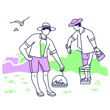 A man, Professor Shonku, is collecting seashells along the shoreline. He is wearing a light-colored shirt and khaki shorts, with a wide-brimmed hat to shield him from the sun. In one hand, he holds a small basket filled with various seashells, while his other hand reaches down towards the sand to pick up another shell. The background features gentle waves crashing softly against the shore, creating a serene atmosphere. Seagulls fly overhead, and footprints mark the wet sand leading towards the horizon.