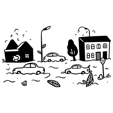 A city street completely submerged in water after heavy flooding. The outlines of parked cars are visible just beneath the surface, with only the rooftops peeking above the water. Streetlights stand tall above the water, their bases surrounded by swirling currents. Buildings are partially obscured, with water lapping against the lower windows. Debris and leaves float on the water's surface, creating a chaotic scene. "Warning: Flood Area" signs are partially submerged in the water, with a backdrop of overcast skies.