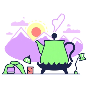 A moka pot is positioned on a camp stove, with steam rising from its spout. The pot is metallic with a distinctive shape. In the background, a mountain range is visible, silhouetted against a vibrant sunrise. The sun is just above the peaks, casting a soft light across the landscape. The sky is filled with gradients of light, hinting at the day's beginning. A few clouds float gently, adding depth to the scene. A camping setting with simple equipment is evident around the stove.