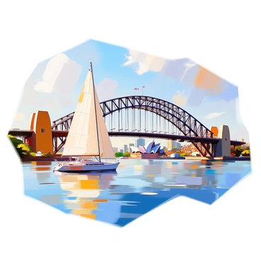 A postcard-style image featuring the "Sydney Harbour Bridge" prominently as the central landmark. The bridge is depicted stretching across the water, showcasing its iconic steel arch design. In the foreground, there are calm blue waters reflecting the bridge and the clear sky above. On the left, there are several sailboats gently floating, adding to the vibrant atmosphere. In the background, the Sydney skyline is visible, featuring a mix of modern skyscrapers and the distinctive "Sydney Opera House." The scene is bathed in warm sunlight, creating a welcoming and picturesque view.
