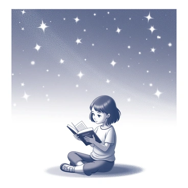 A young girl named Amy is sitting cross-legged on a grassy patch. She is intently reading a fairy tale book, which is open in her lap. The book has ornate illustrations visible on the pages. Above her, a vast sky is filled with bright, twinkling stars, creating a mesmerizing backdrop. The starry sky stretches across the entirety of the image, enhancing the enchanting atmosphere of her reading experience. The scene captures the peaceful moment and the joy of storytelling.