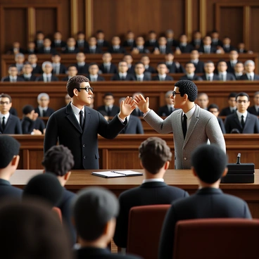 A courtroom setting populated by numerous lawyers engaged in a heated debate during the "Gibbons v. Ogden" trial. The central focus is on two male lawyers, one with short brown hair and glasses, dressed in a dark suit, gesturing passionately with his right hand raised, while the other, with curly black hair and a light grey suit, leans forward, emphasizing his argument. The background features a vintage-style courtroom with wooden paneling, ornate details on the judge's bench, and a jury box filled with attentive jurors. The atmosphere is charged with intensity as spectators observe the exchange.