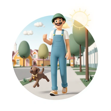 A man named "Luigi," wearing a green hat, blue overalls, and a white shirt, is walking along a tree-lined sidewalk. He has a big smile on his face. Next to him, a playful brown dog, with its tail wagging energetically, is leaping ahead with excitement. The sun is shining brightly, casting warm light over the scene, and the vibrant houses in the neighborhood can be seen in the background, adding to the cheerful atmosphere.