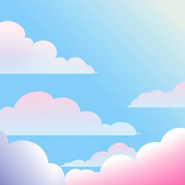 A vast sky is filled with fluffy, solid-colored clouds in various shades. The clouds are soft and rounded, creating a sense of depth and dimension. Some clouds are a light pink, while others showcase a gentle lavender hue. The clouds drift lazily across the bright blue expanse, with a few casting soft shadows on the vibrant atmosphere below. The sunlight lightly illuminates the edges of the clouds, enhancing their fluffy texture and creating a tranquil scene.
