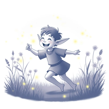 A small elf child with pointy ears and a joyful expression is running through a lush meadow. The child is wearing a simple tunic and has tousled hair. Tiny, glowing fireflies are flickering around, illuminating the scene as they dance in the evening air. Tall grasses and wildflowers surround the child, gently swaying in a soft breeze. The sky is transitioning to dusk, with subtle shifts in light as the sun sets on the horizon. The elf's arms are outstretched, eager to catch the fireflies, creating a sense of movement and playfulness in the composition.