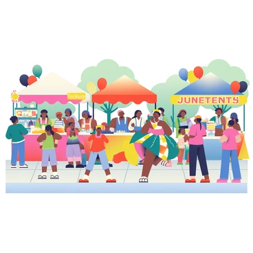 A vibrant street fair scene is filled with vendors selling colorful merchandise and a variety of food. Tents in bright colors are set up along the sidewalk, displaying an array of handmade crafts and local delicacies. Performers entertain the crowd, including a group of dancers wearing traditional clothing, showcasing their movements in a lively manner. Families and individuals of diverse backgrounds are present, some engaging with vendors while others enjoy tasty treats from food stalls. Balloons in red, black, and green are tied to posts, symbolizing the Juneteenth celebration. The atmosphere is lively with laughter and music filling the air as people come together to celebrate.