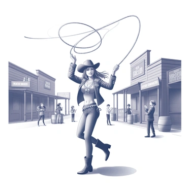 A cowgirl stands confidently in the center of a bustling town square, showcasing her impressive rope tricks. She wears a traditional cowboy hat, a fringed leather jacket, and sturdy boots. Her long hair flows behind her as she skillfully twirls a lasso above her head. The rope creates intricate patterns in the air, capturing the attention of onlookers. In the background, there are wooden buildings typical of a western town, with signage and barrels lining the square. A few townsfolk, including children and adults, watch in awe, some clapping in appreciation of her skills.